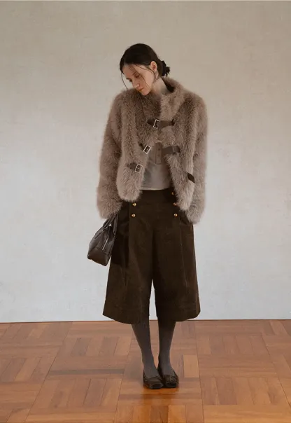Faux Fur Cropped Jacket with Buckle Closure