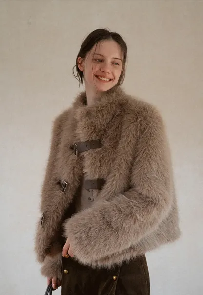 Faux Fur Cropped Jacket with Buckle Closure