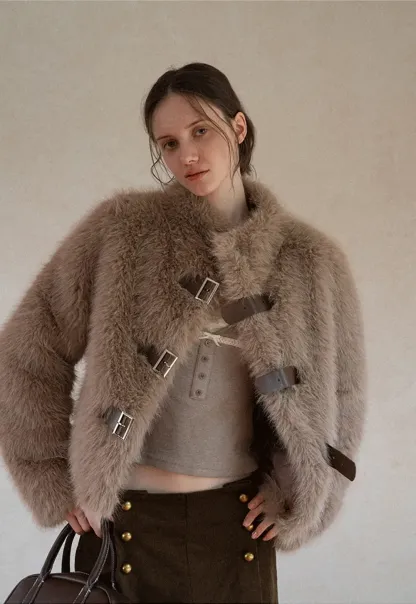 Faux Fur Cropped Jacket with Buckle Closure