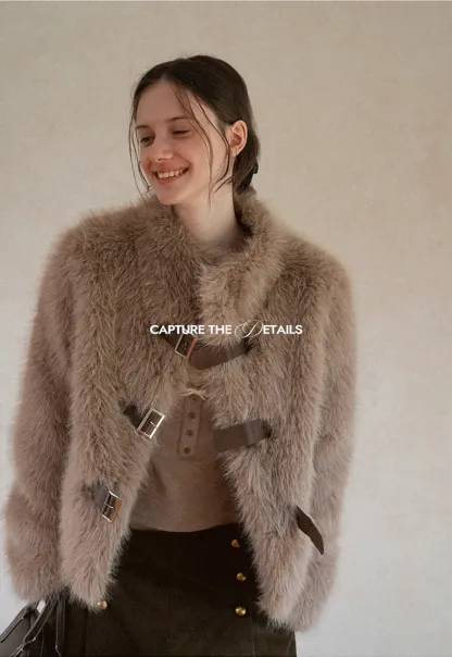 Faux Fur Cropped Jacket with Buckle Closure