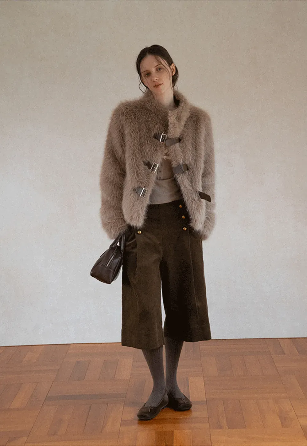Faux Fur Cropped Jacket with Buckle Closure