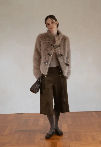 Faux Fur Cropped Jacket with Buckle Closure