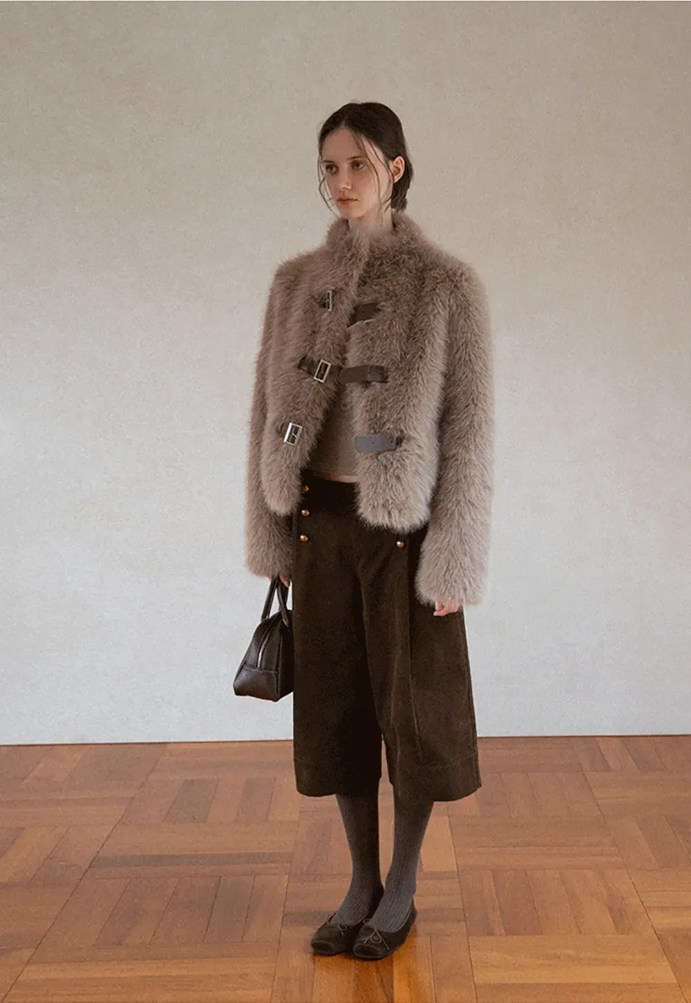 Faux Fur Cropped Jacket with Buckle Closure