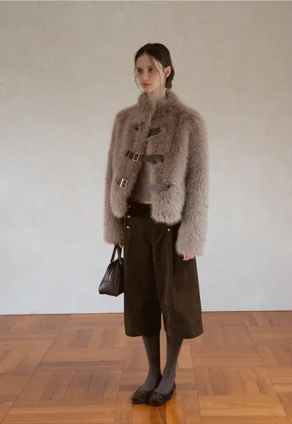 Faux Fur Cropped Jacket with Buckle Closure