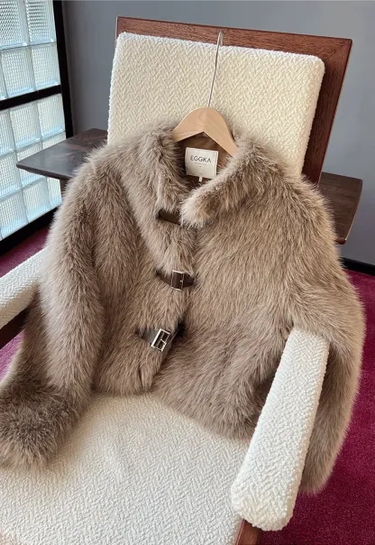 Faux Fur Cropped Jacket with Buckle Closure