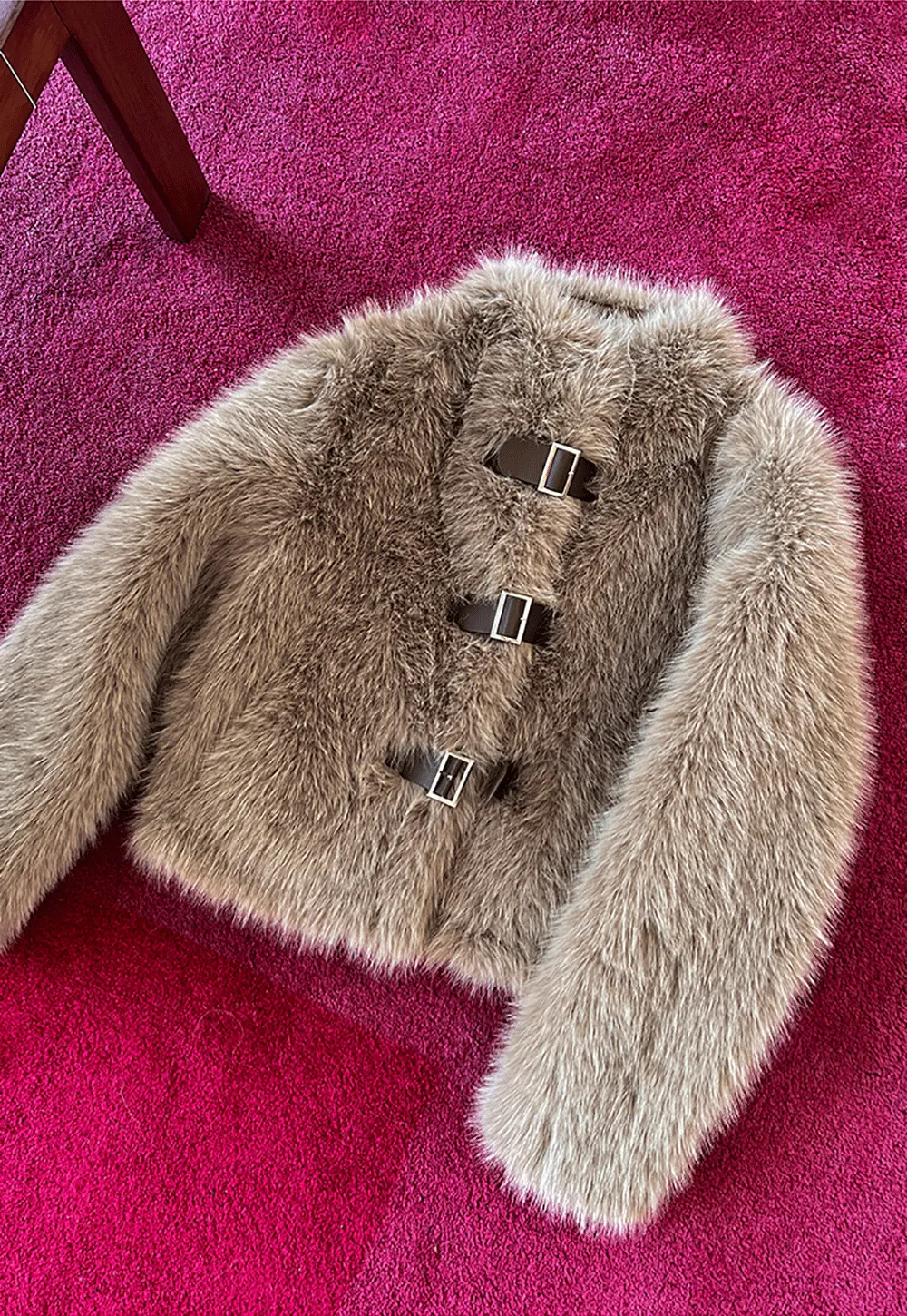 Faux Fur Cropped Jacket with Buckle Closure