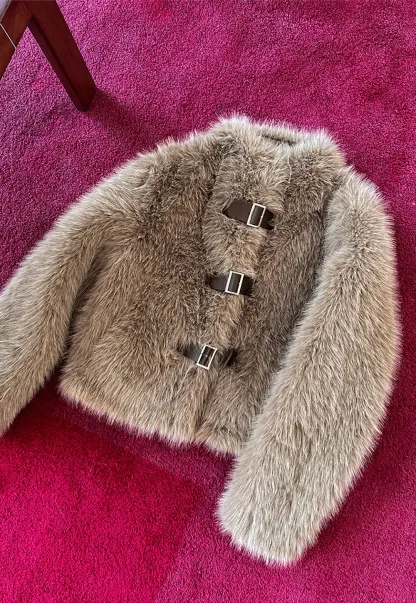 Faux Fur Cropped Jacket with Buckle Closure