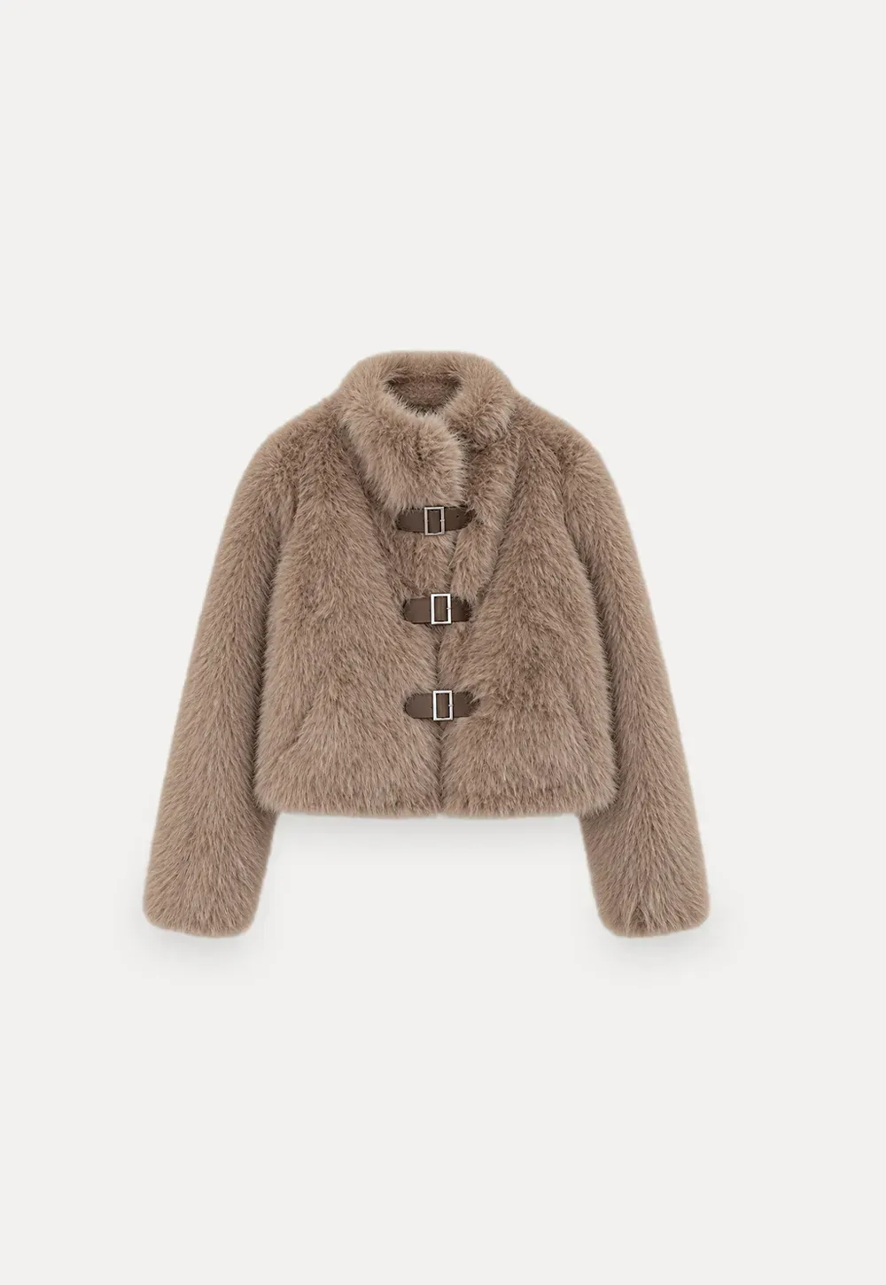 Faux Fur Cropped Jacket with Buckle Closure