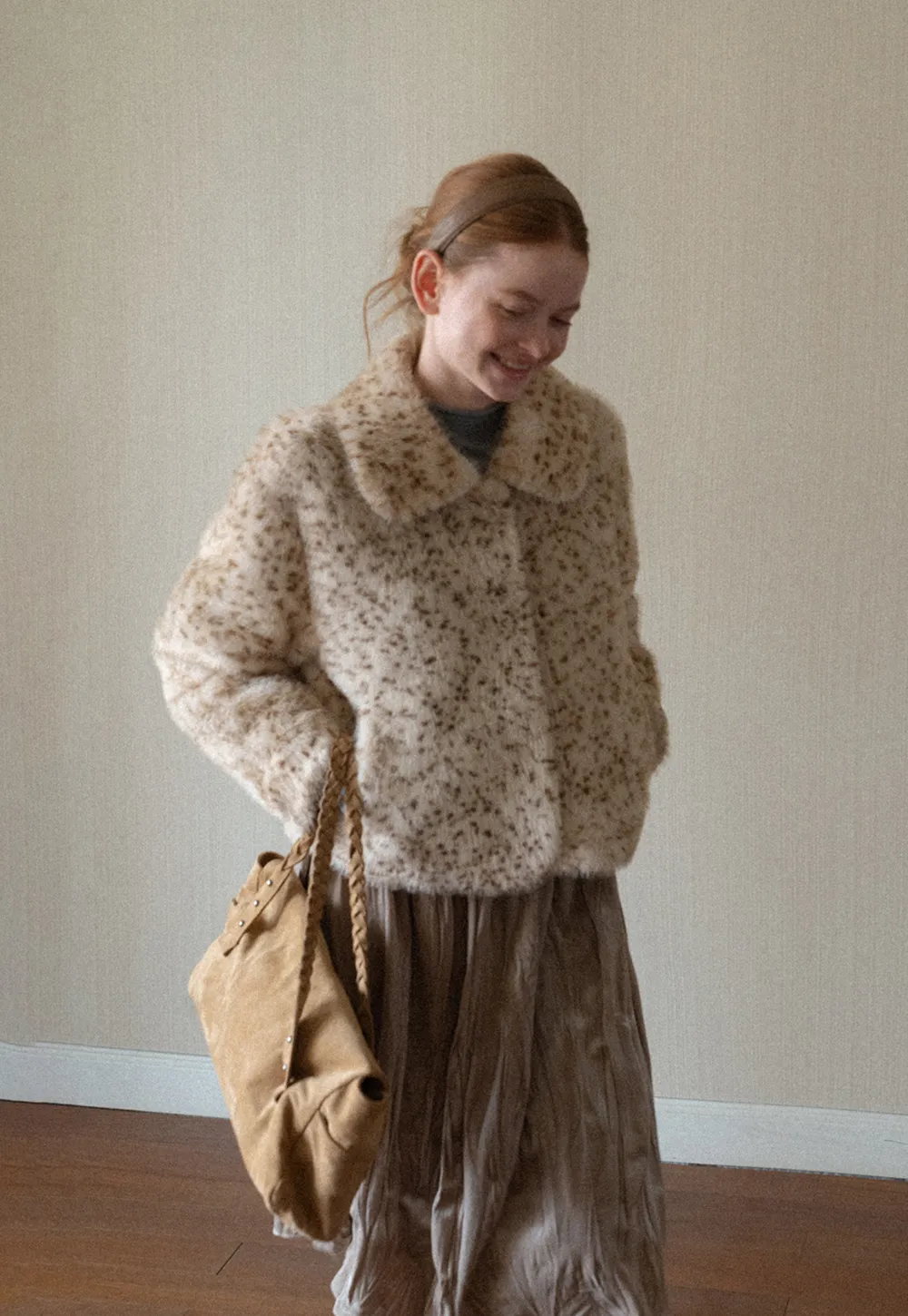 Leopard Print Faux Fur Collar Short Jacket