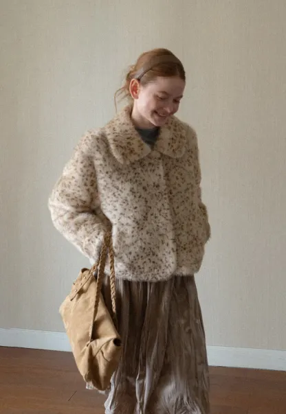 Leopard Print Faux Fur Collar Short Jacket