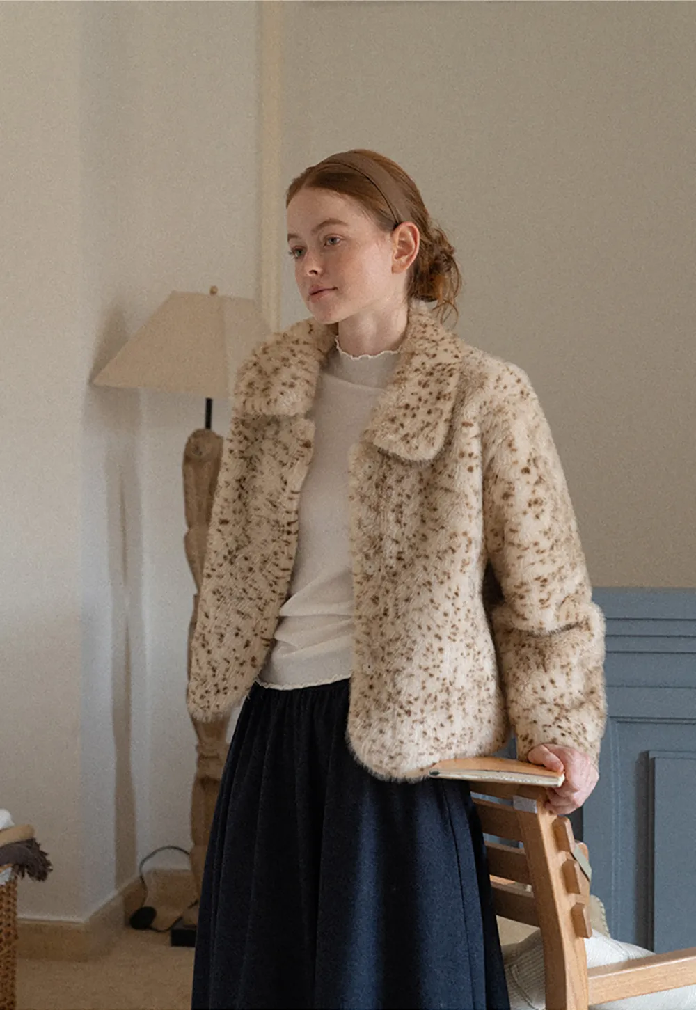Leopard Print Faux Fur Collar Short Jacket