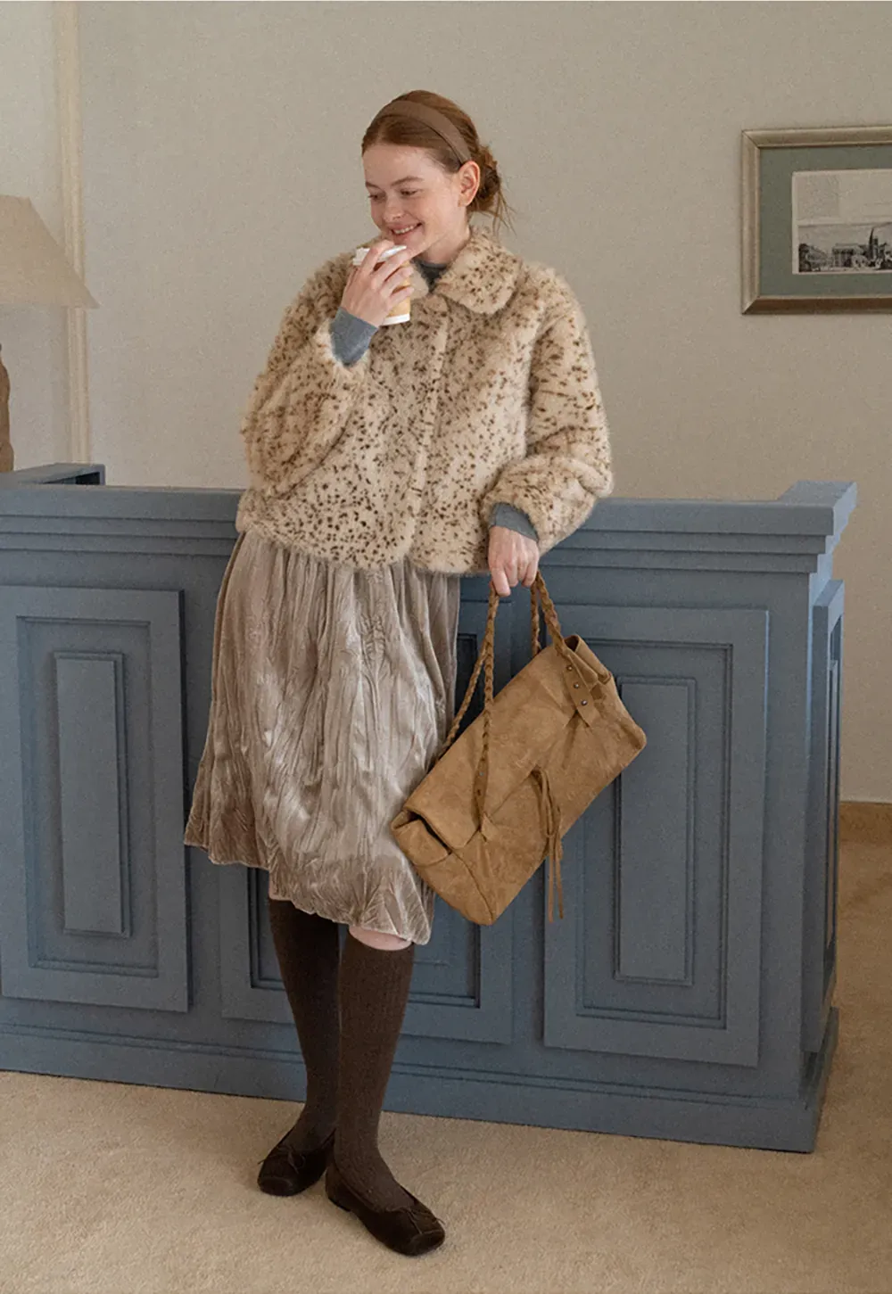 Leopard Print Faux Fur Collar Short Jacket