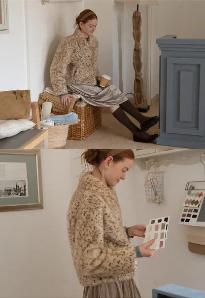 Leopard Print Faux Fur Collar Short Jacket