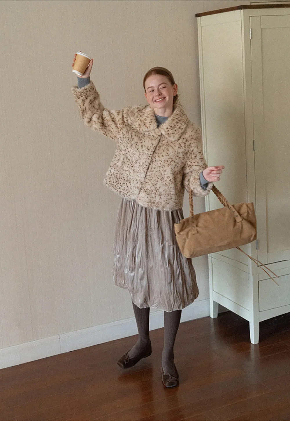 Leopard Print Faux Fur Collar Short Jacket