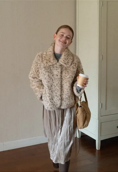 Leopard Print Faux Fur Collar Short Jacket