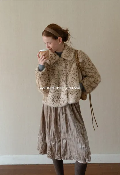 Leopard Print Faux Fur Collar Short Jacket