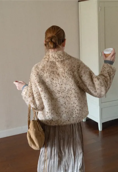 Leopard Print Faux Fur Collar Short Jacket
