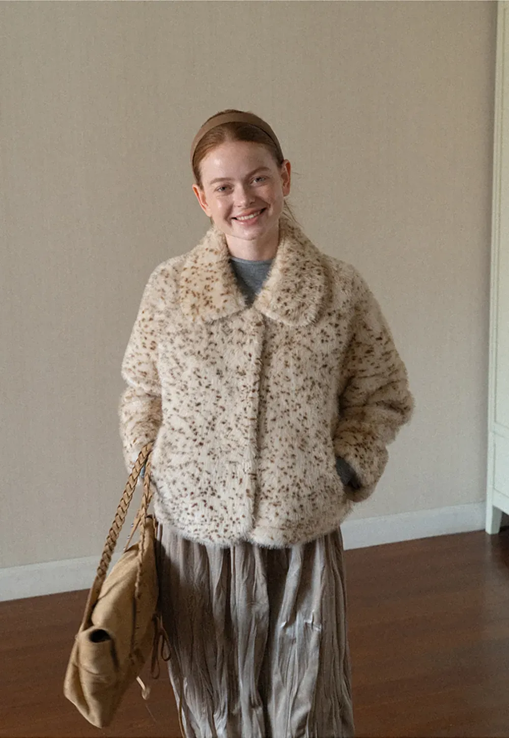 Leopard Print Faux Fur Collar Short Jacket