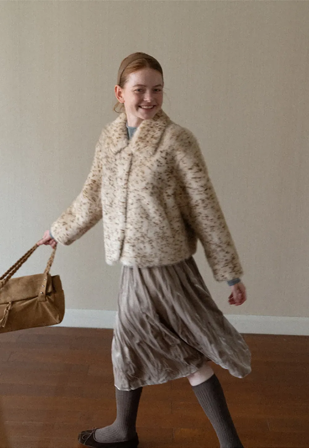 Leopard Print Faux Fur Collar Short Jacket