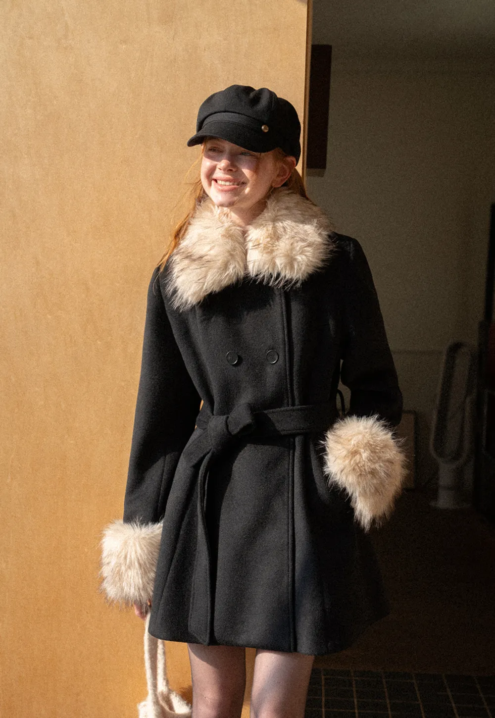 Faux Fur Trimmed Collar and Cuffs Double Breasted Short Jacket