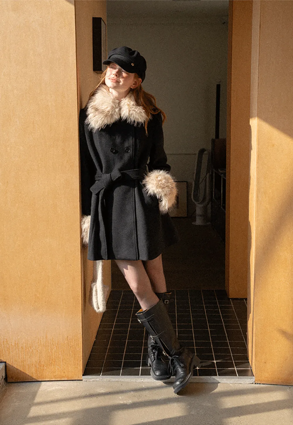 Faux Fur Trimmed Collar and Cuffs Double Breasted Short Jacket