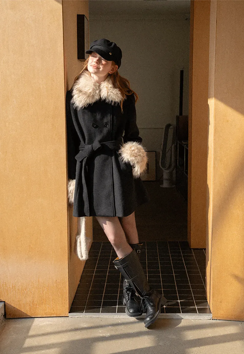 Faux Fur Trimmed Collar and Cuffs Double Breasted Short Jacket