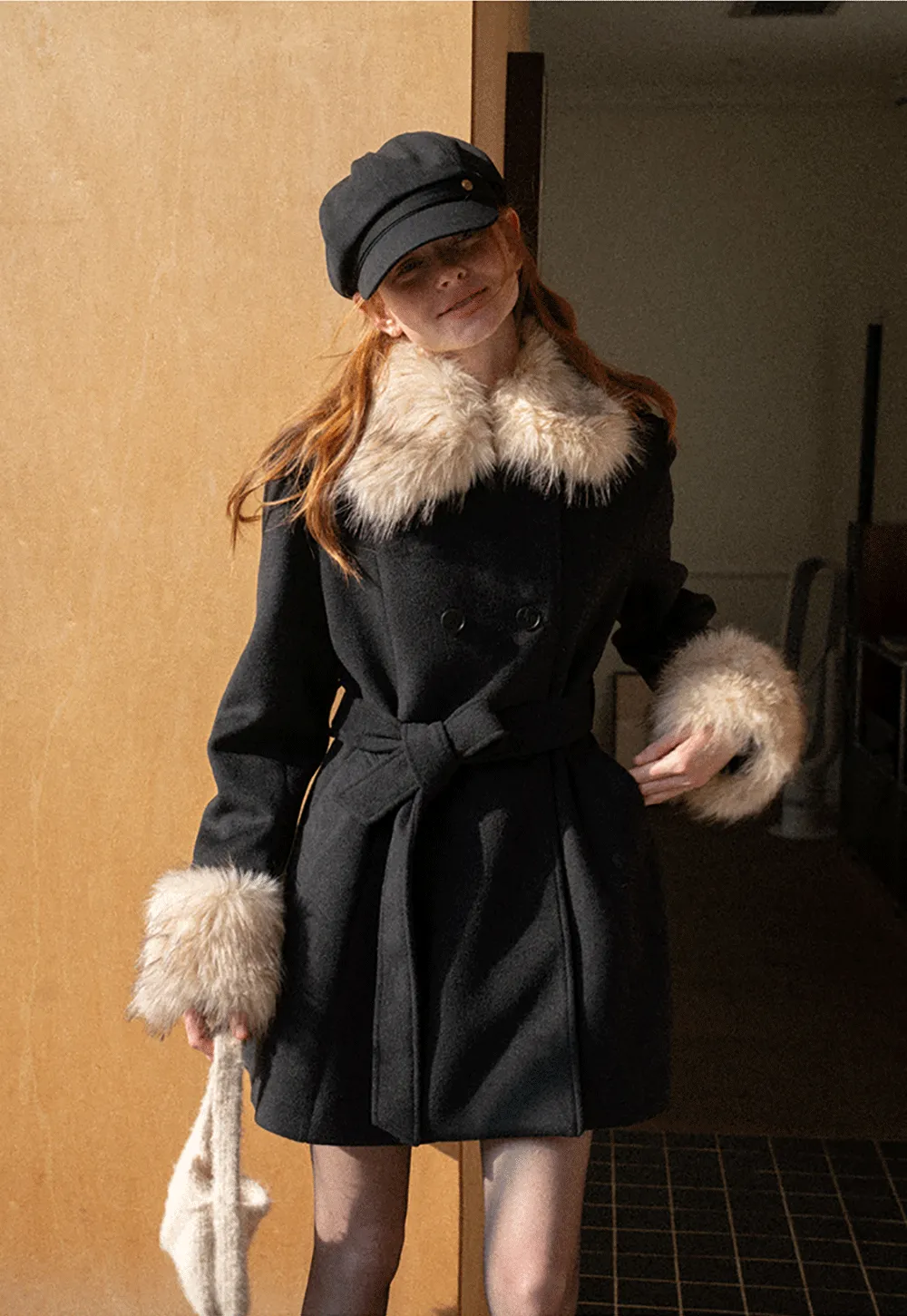 Faux Fur Trimmed Collar and Cuffs Double Breasted Short Jacket