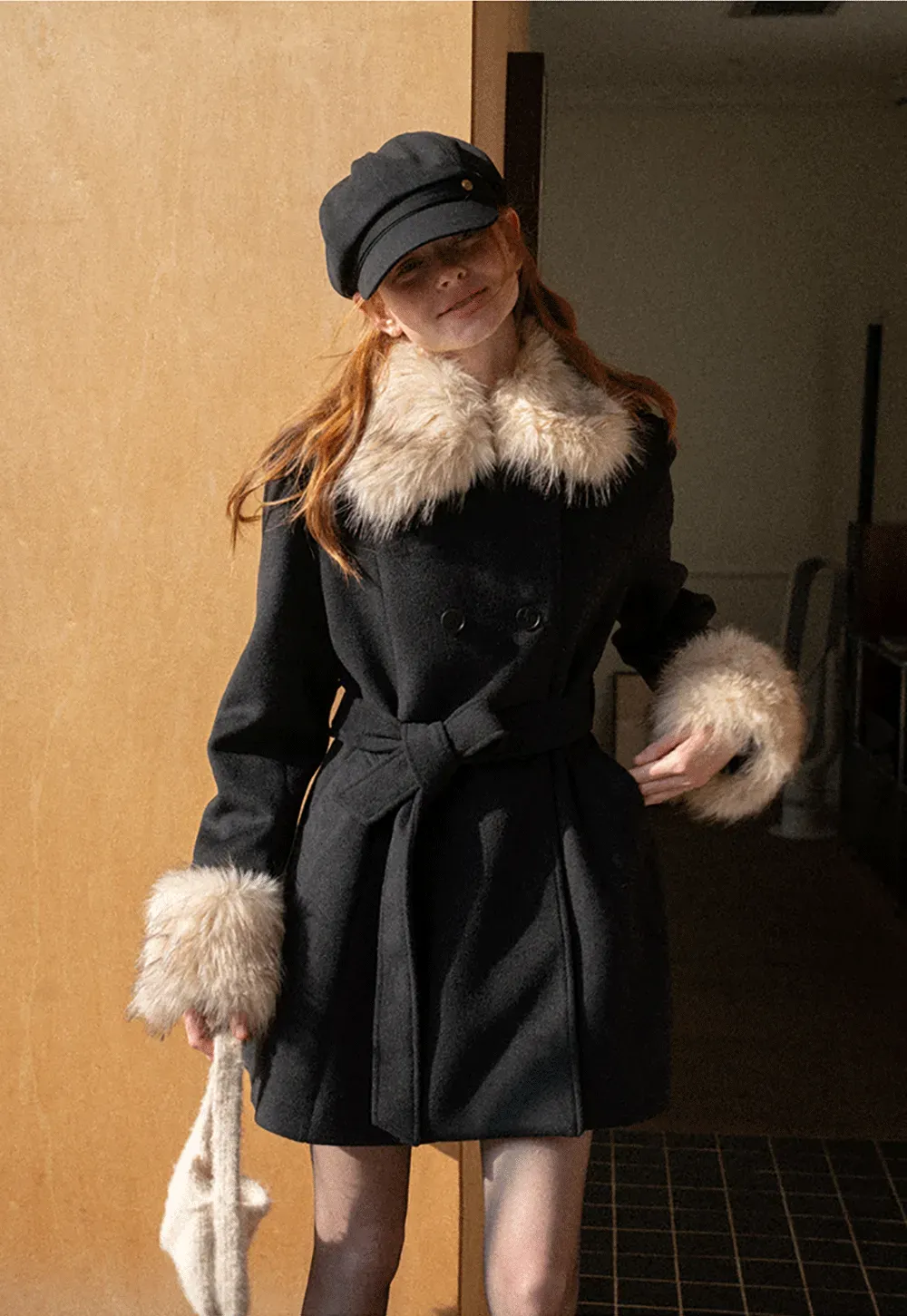 Faux Fur Trimmed Collar and Cuffs Double Breasted Short Jacket