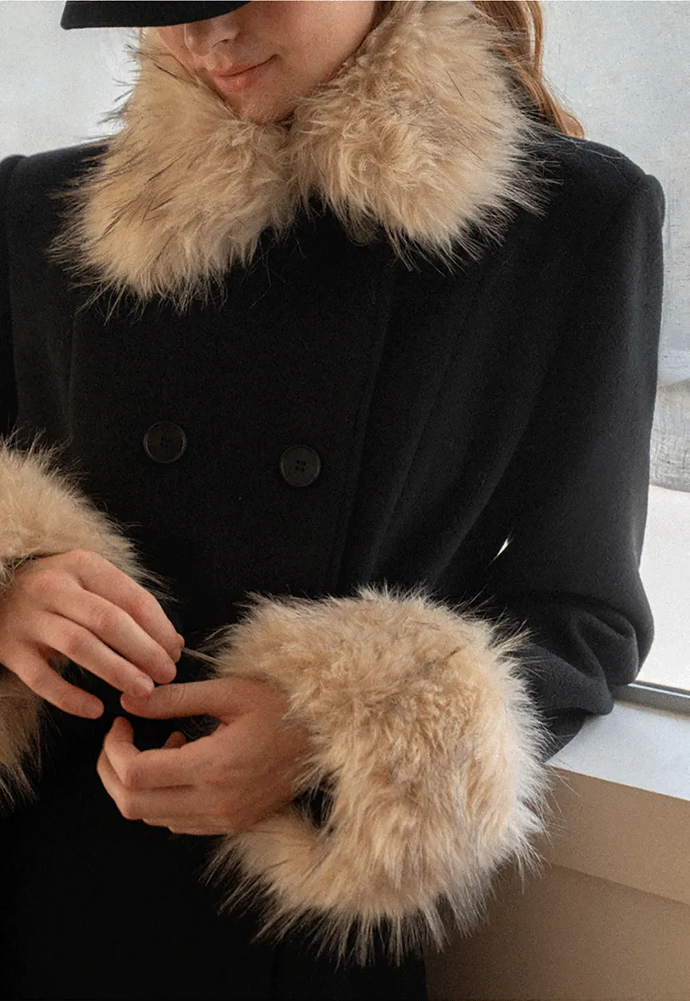 Faux Fur Trimmed Collar and Cuffs Double Breasted Short Jacket