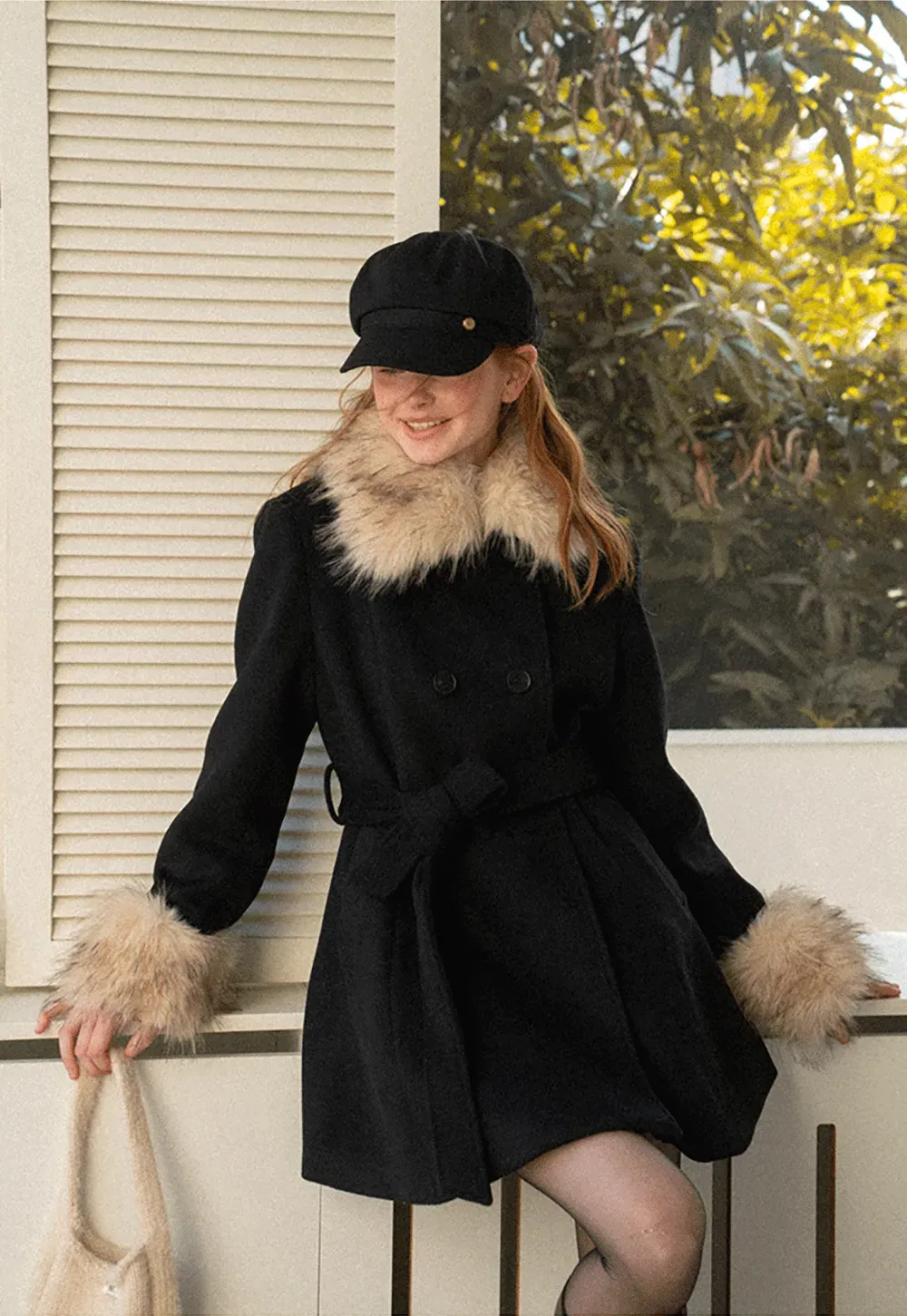 Faux Fur Trimmed Collar and Cuffs Double Breasted Short Jacket