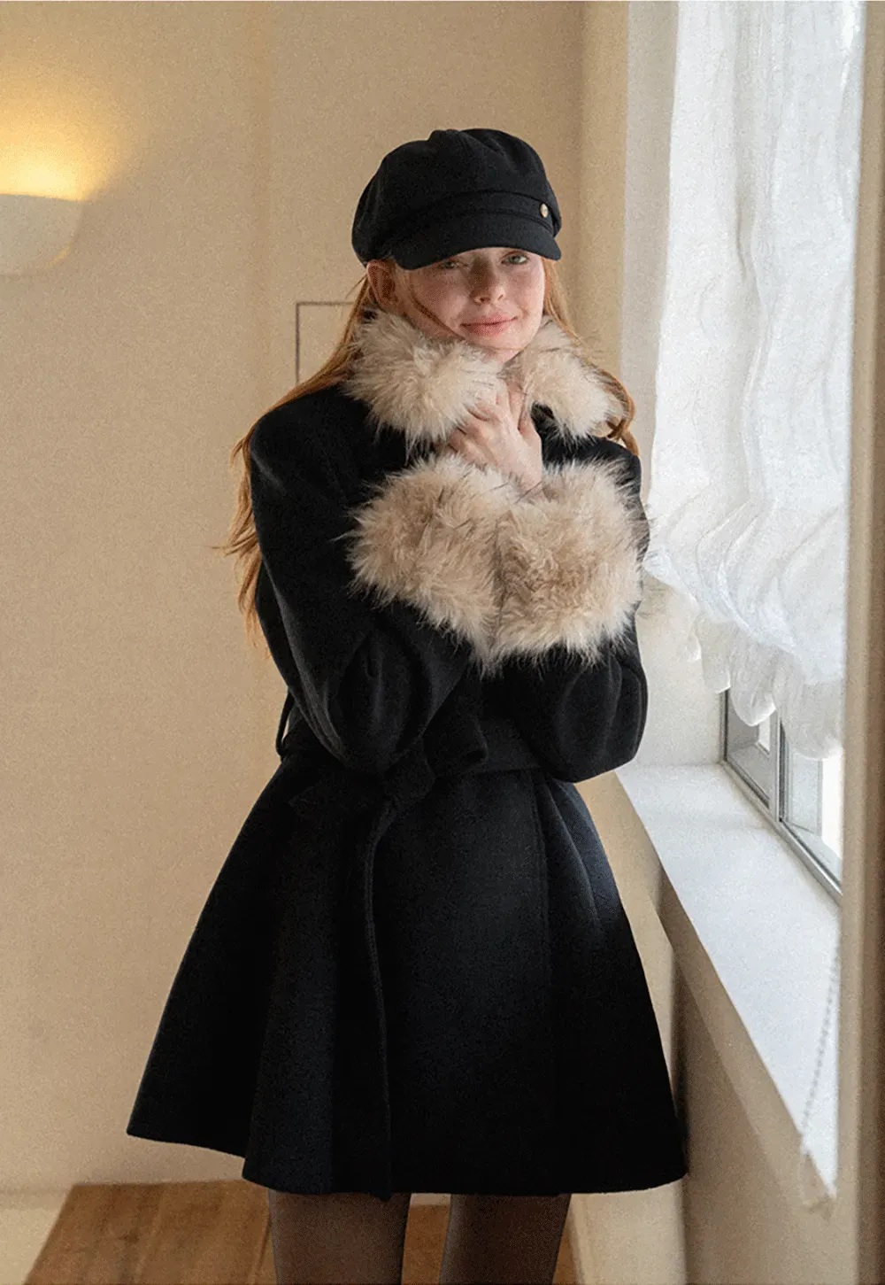 Faux Fur Trimmed Collar and Cuffs Double Breasted Short Jacket