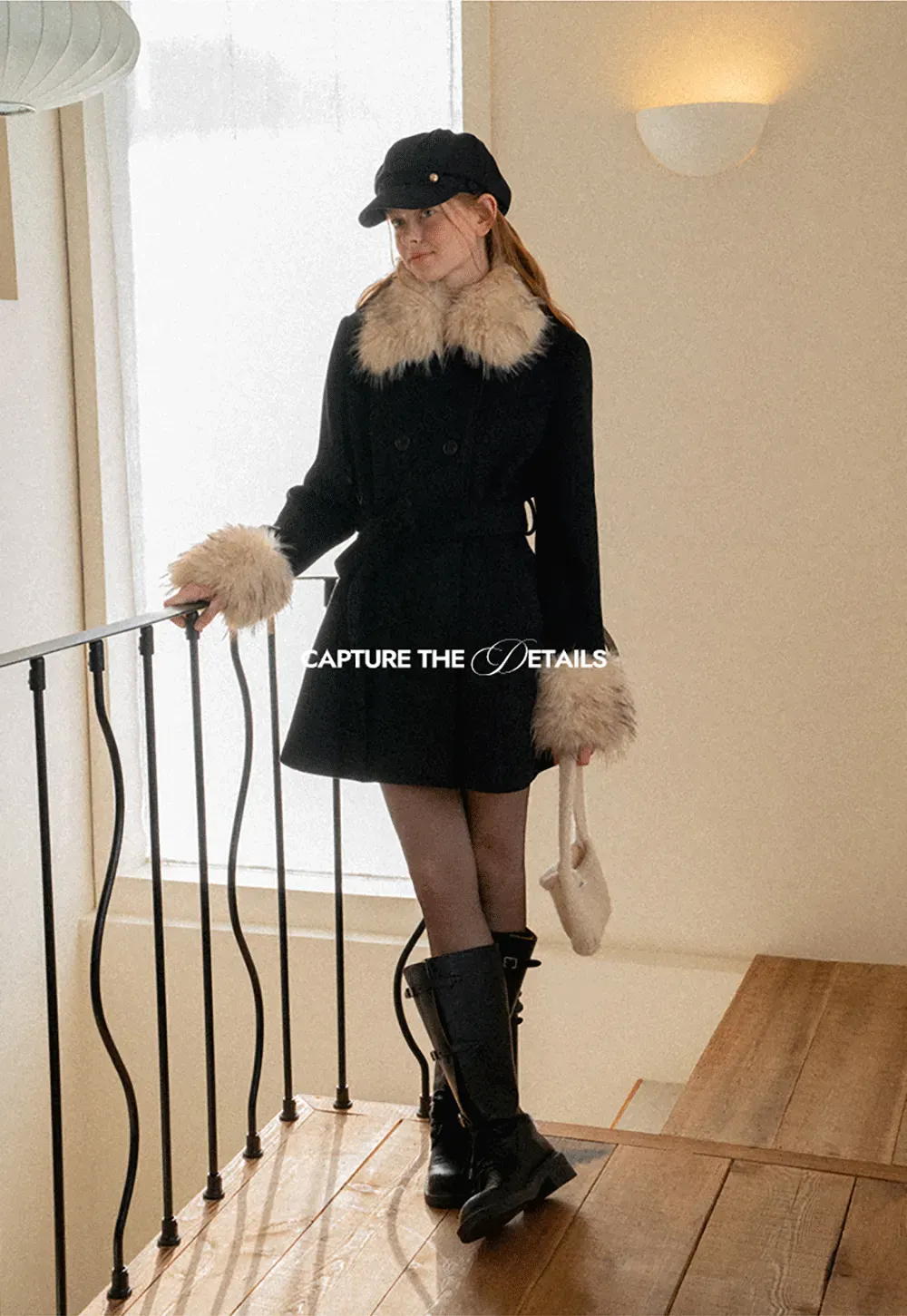 Faux Fur Trimmed Collar and Cuffs Double Breasted Short Jacket