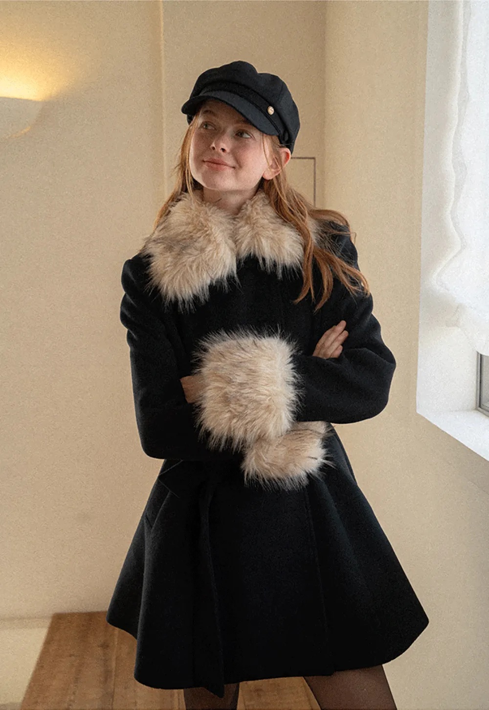 Faux Fur Trimmed Collar and Cuffs Double Breasted Short Jacket