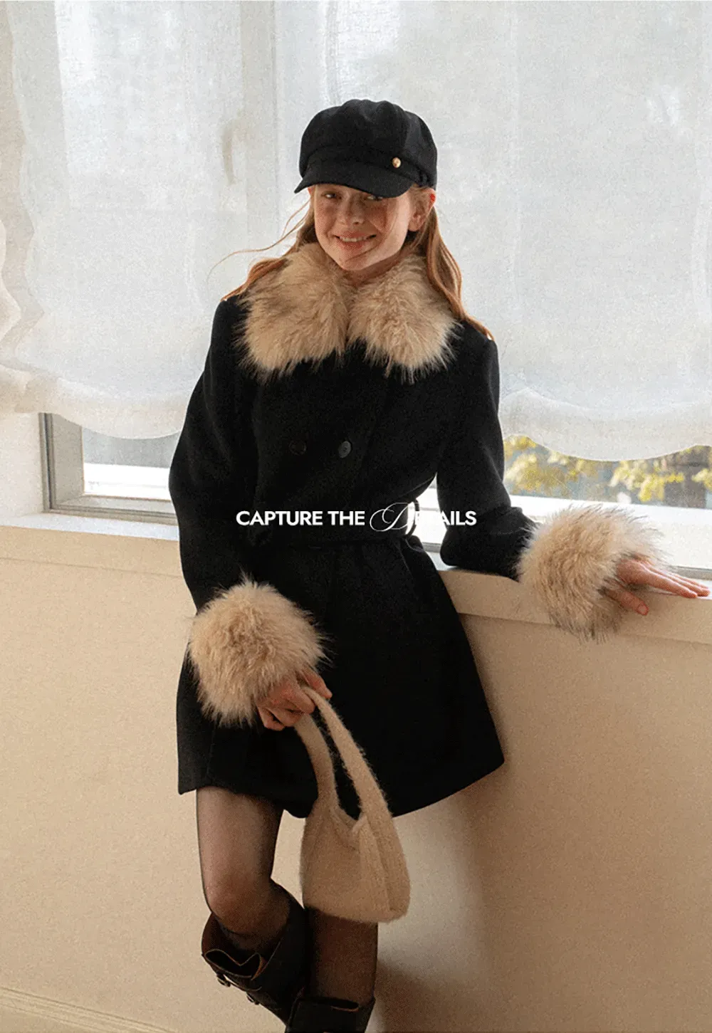 Faux Fur Trimmed Collar and Cuffs Double Breasted Short Jacket