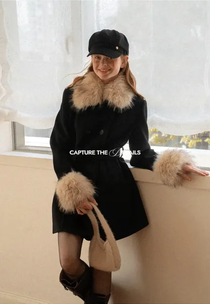 Faux Fur Trimmed Collar and Cuffs Double Breasted Short Jacket