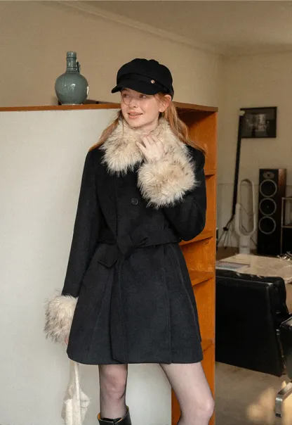 Faux Fur Trimmed Collar and Cuffs Double Breasted Short Jacket