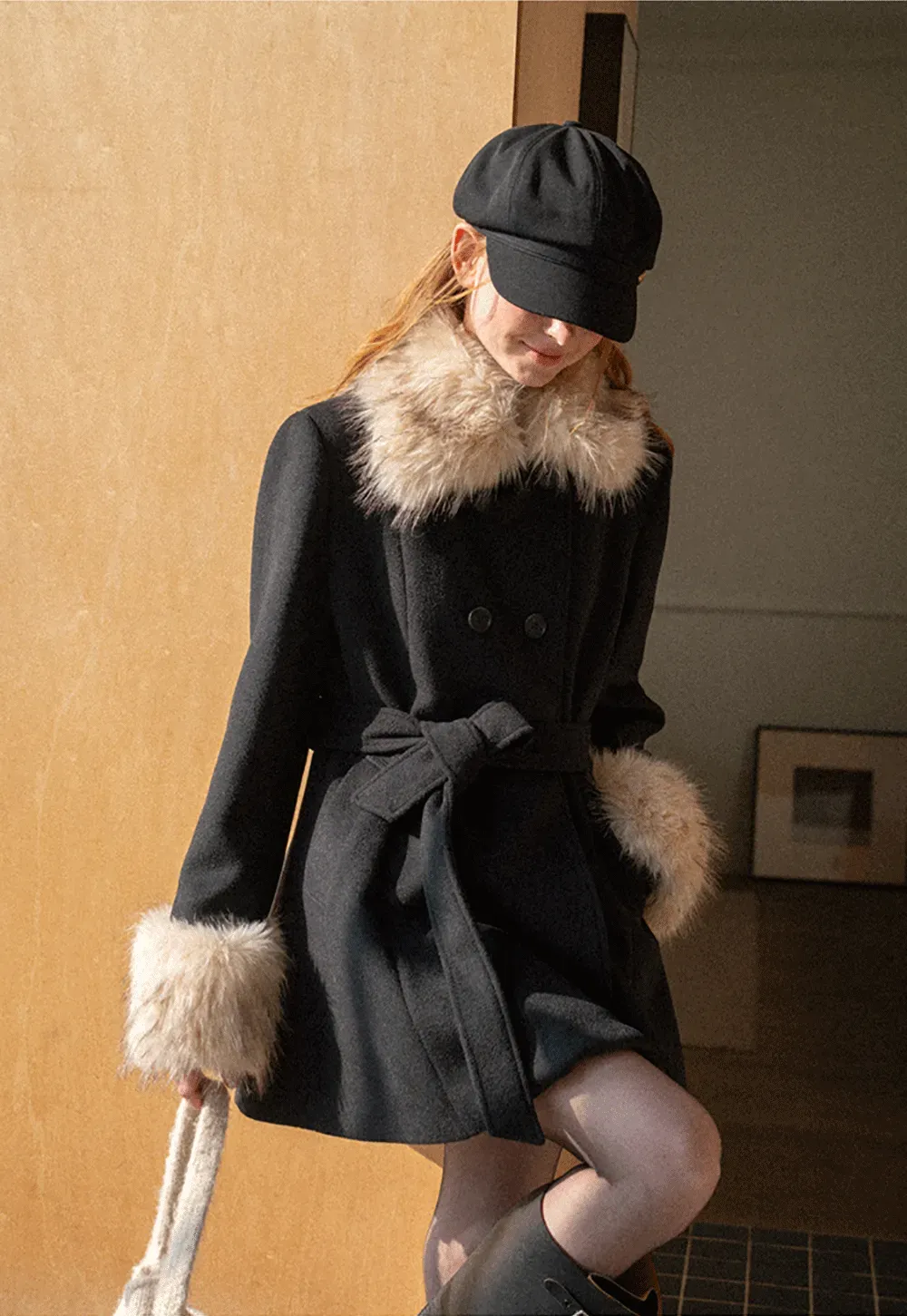 Faux Fur Trimmed Collar and Cuffs Double Breasted Short Jacket