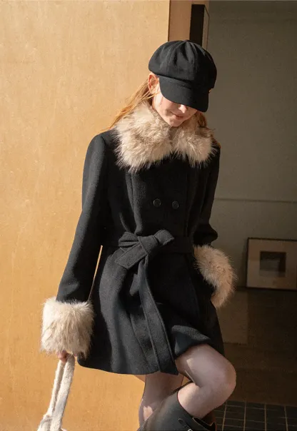Faux Fur Trimmed Collar and Cuffs Double Breasted Short Jacket