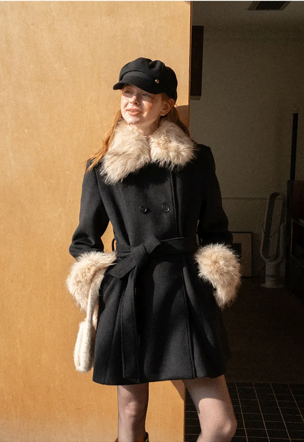 Faux Fur Trimmed Collar and Cuffs Double Breasted Short Jacket