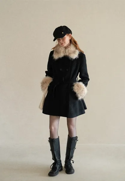 Faux Fur Trimmed Collar and Cuffs Double Breasted Short Jacket