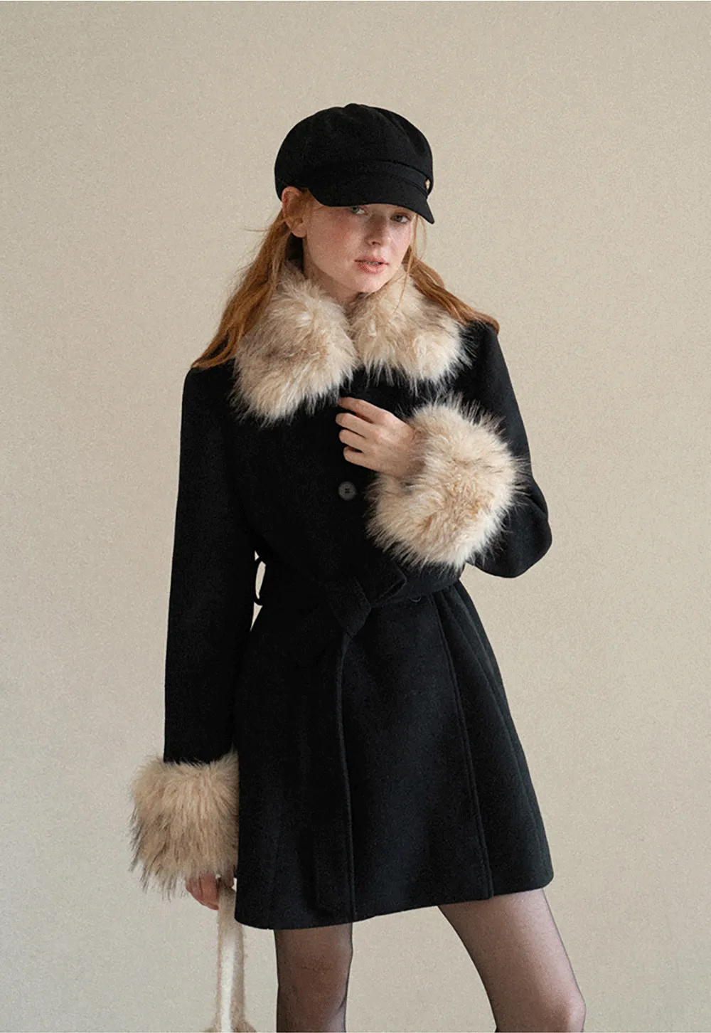 Faux Fur Trimmed Collar and Cuffs Double Breasted Short Jacket