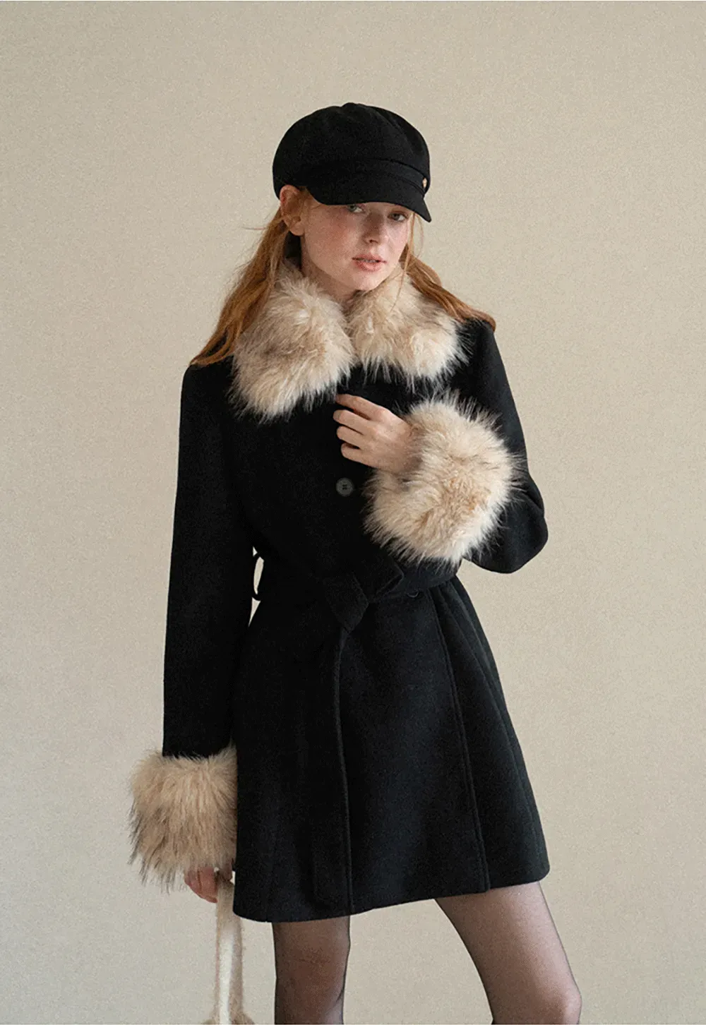 Faux Fur Trimmed Collar and Cuffs Double Breasted Short Jacket