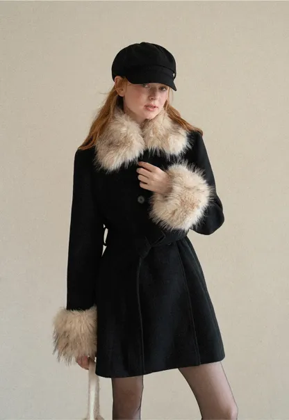 Faux Fur Trimmed Collar and Cuffs Double Breasted Short Jacket
