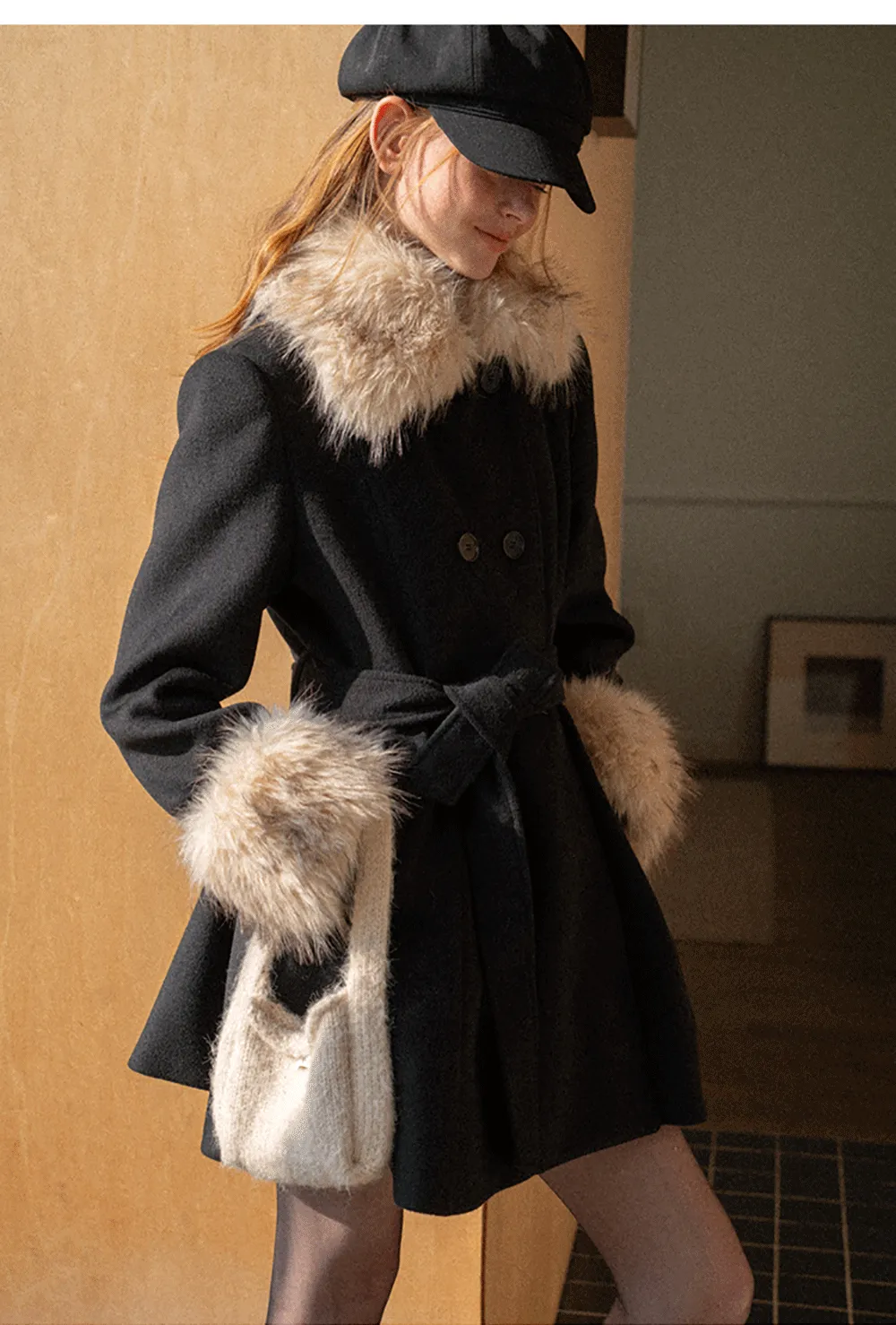 Faux Fur Trimmed Collar and Cuffs Double Breasted Short Jacket