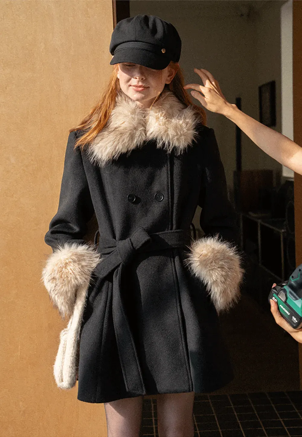 Faux Fur Trimmed Collar and Cuffs Double Breasted Short Jacket
