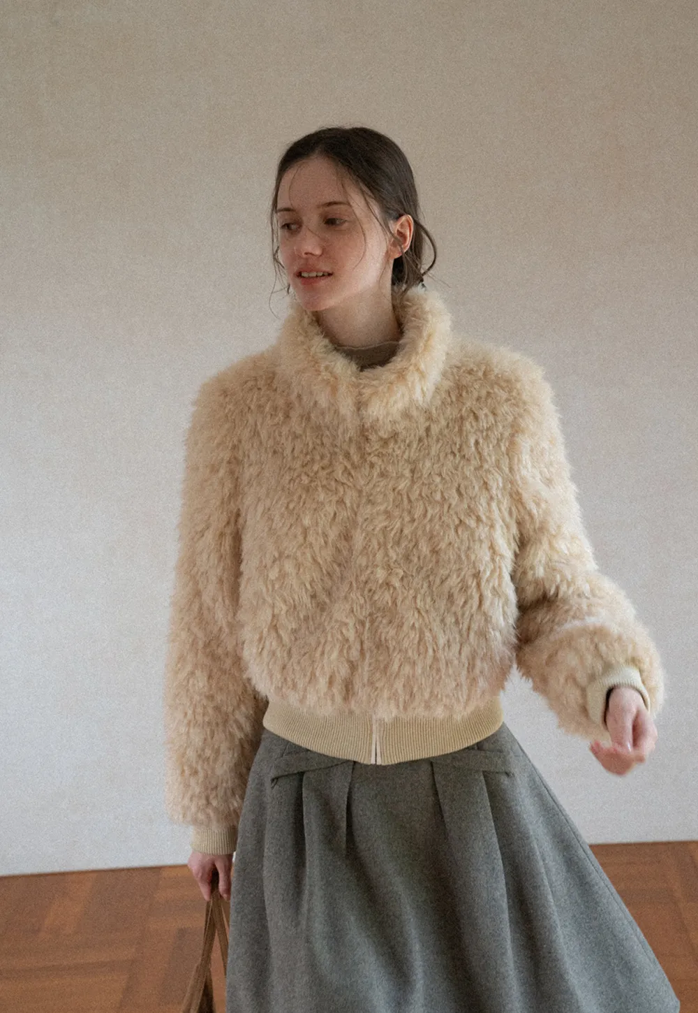 Fluffy Textured Cropped Bomber Jacket