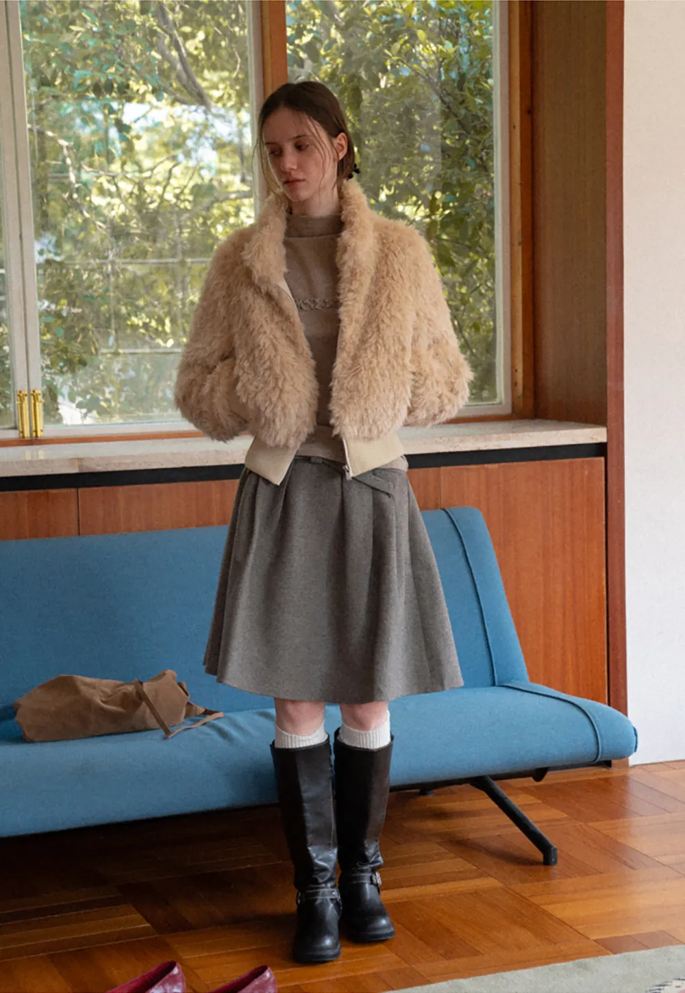 Fluffy Textured Cropped Bomber Jacket
