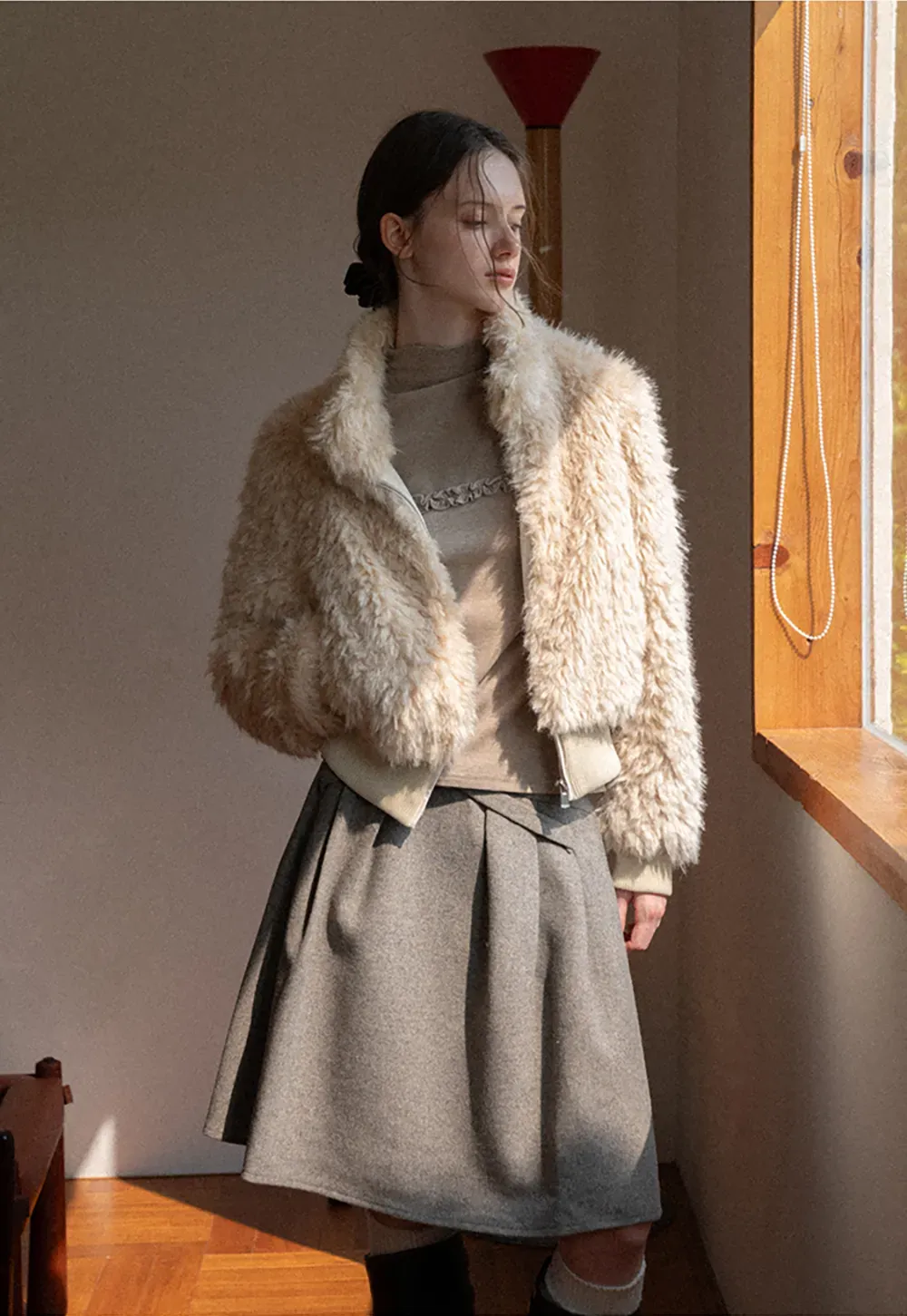 Fluffy Textured Cropped Bomber Jacket