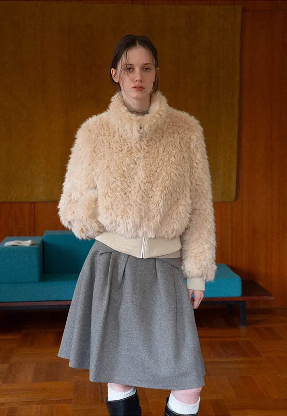 Fluffy Textured Cropped Bomber Jacket