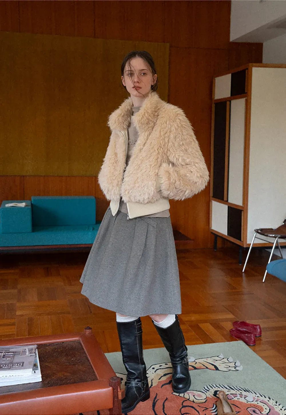 Fluffy Textured Cropped Bomber Jacket